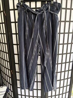 Navy Striped Paperbag Waist Pants